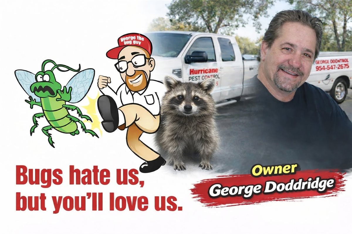 George Doddridge, owner of Hurricane Pest Control, with his company truck, a raccoon and the 'Bugs hate us, but you'll love us' mascot