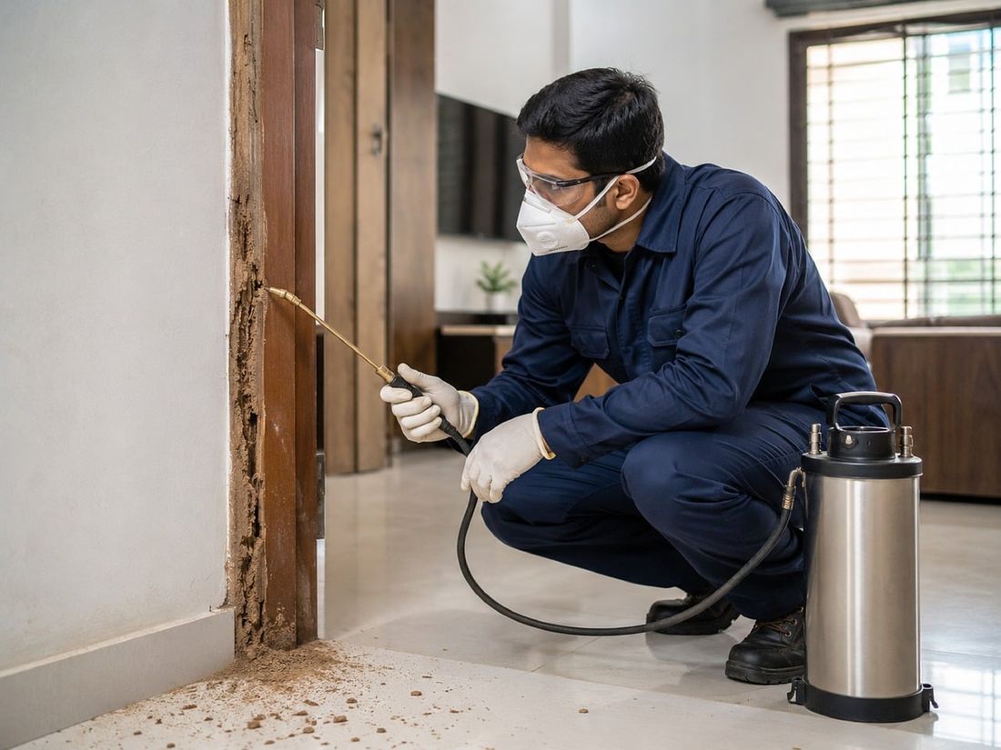 Pest control technician treating a wooden door frame inside a home